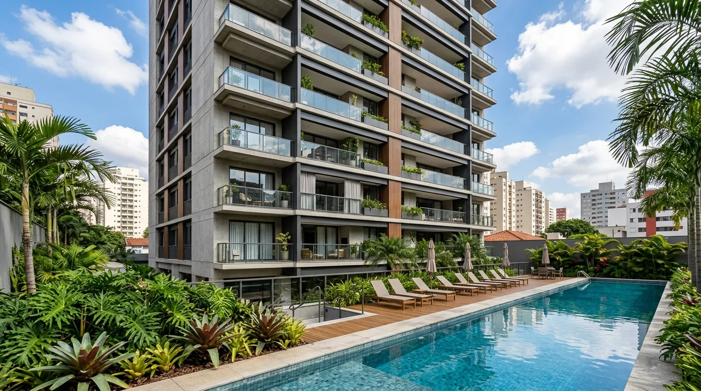 Piscina de uso coletivo em área de lazer de edifício residencial, com deck de madeira, espreguiçadeiras e vegetação tropical