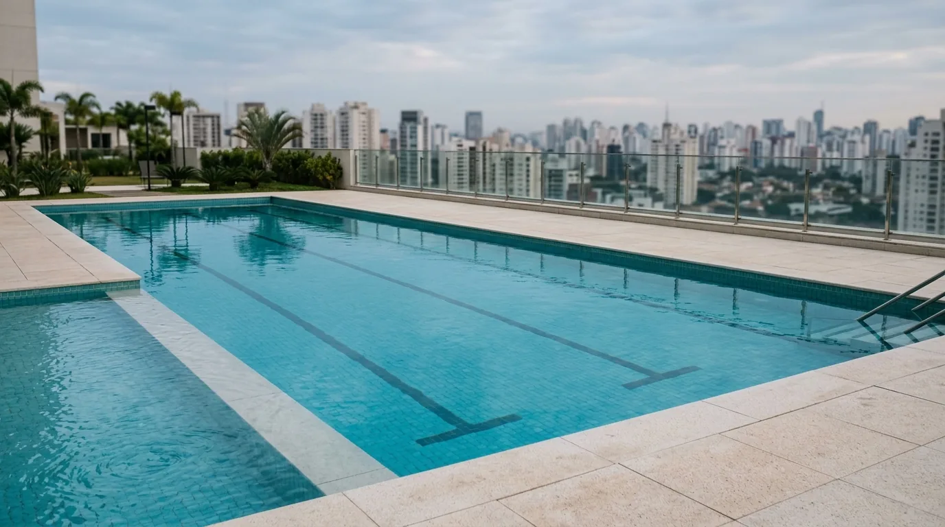 Piscina retangular de uso coletivo em terraço de edifício residencial, com skyline urbano ao fundo