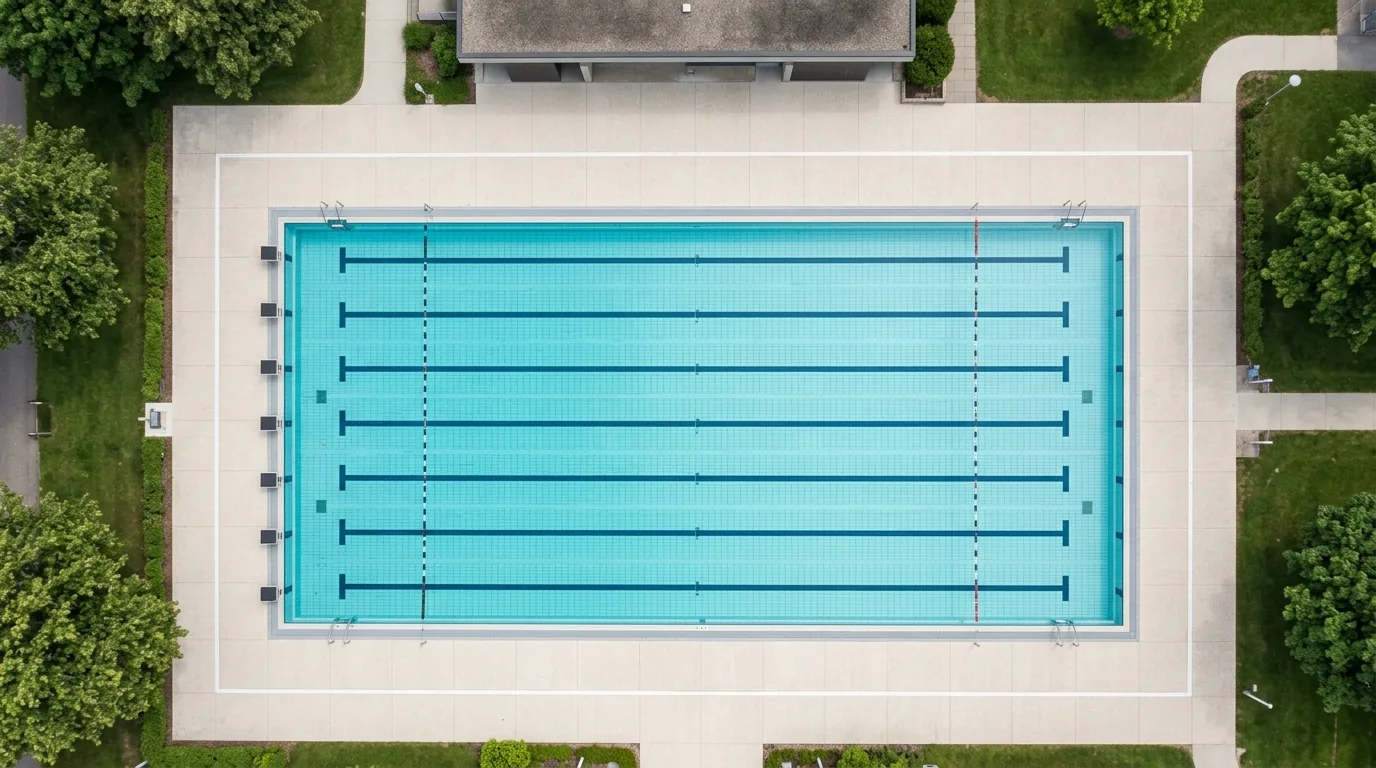 Vista aérea de piscina semiolímpica com raias demarcadas e deck em área comum arborizada