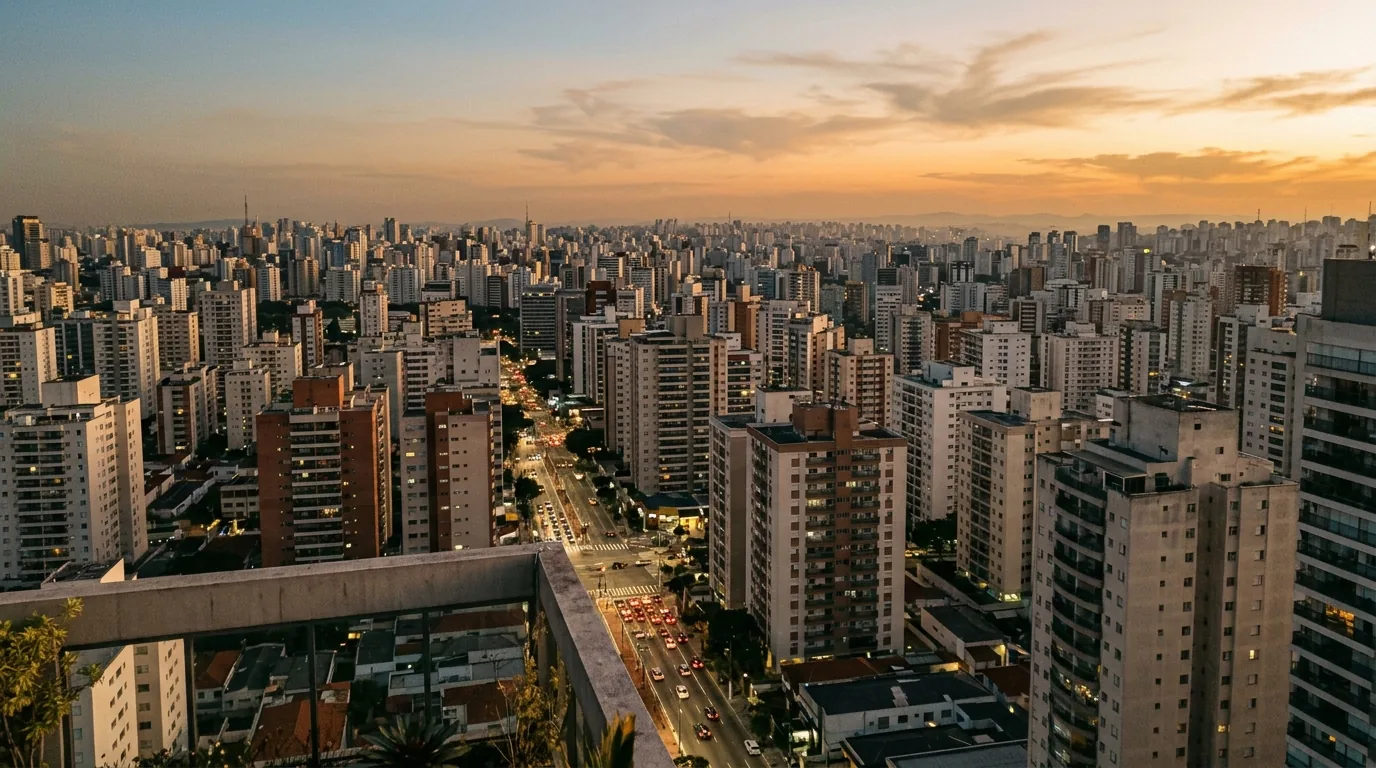 Vista aérea de bairro verticalizado de São Paulo ao entardecer, com edifícios residenciais e avenida movimentada