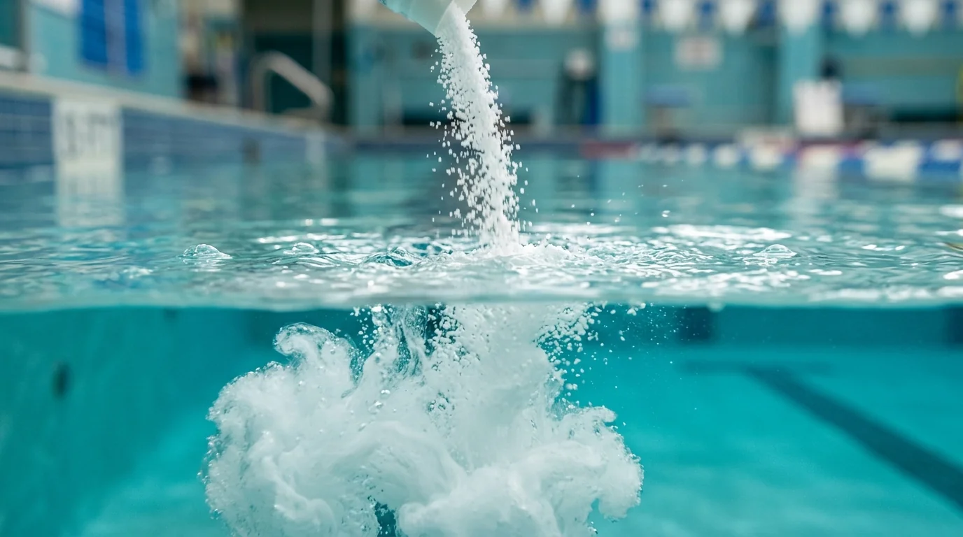 Produto químico sendo dissolvido na água durante tratamento de choque em piscina coletiva