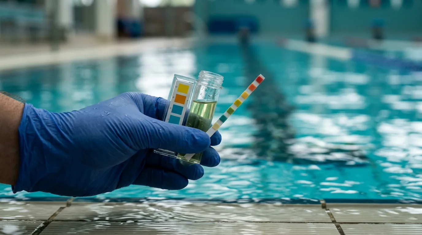 Mão com luva de proteção segurando frasco de amostra e fita colorimétrica de teste à beira de uma piscina coberta