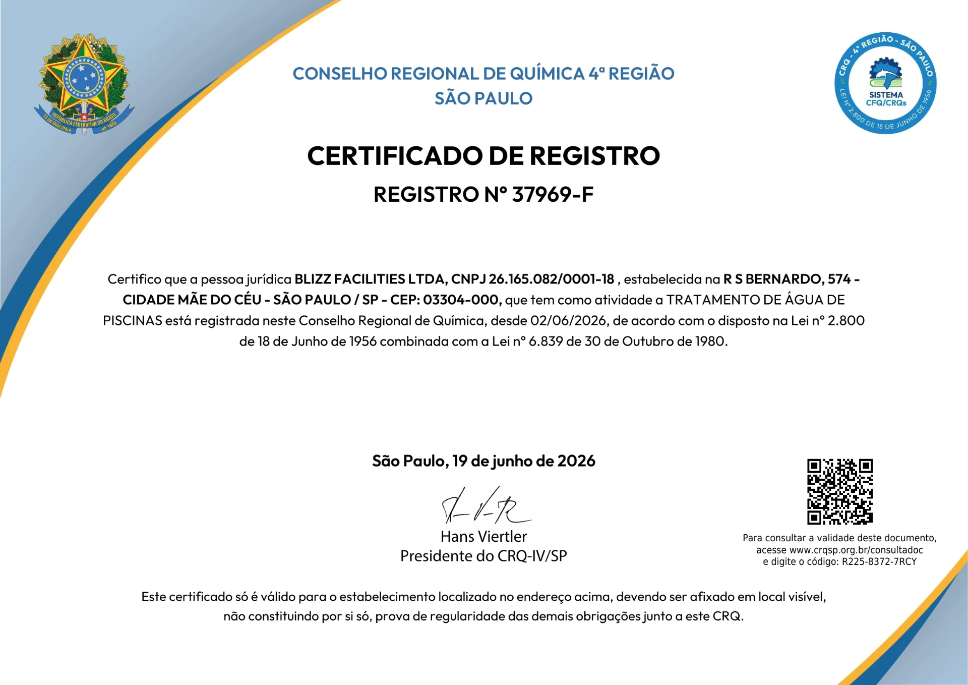 Certificado de registro da Blizz Facilities no Conselho Regional de Química 4ª Região, registro nº 37969-F