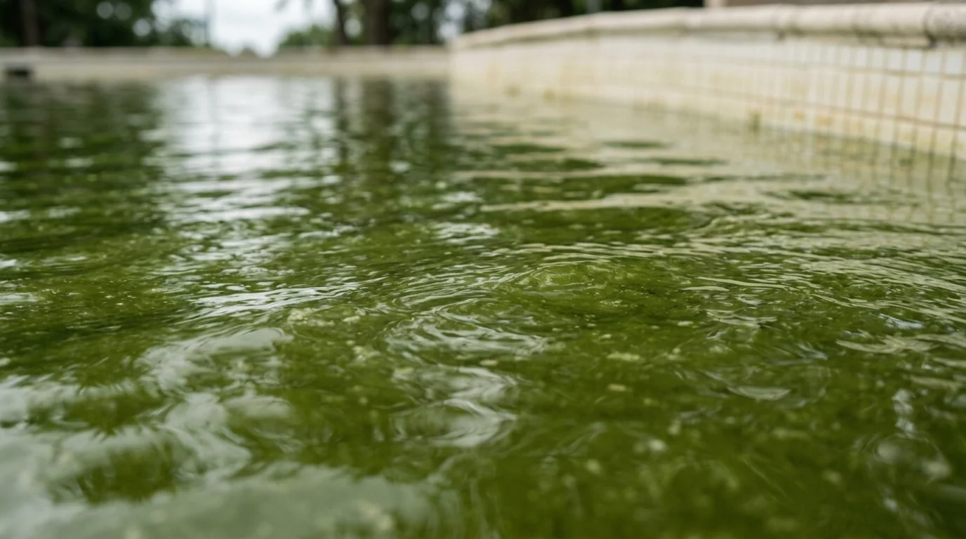 Água de piscina esverdeada por proliferação de algas, antes do tratamento