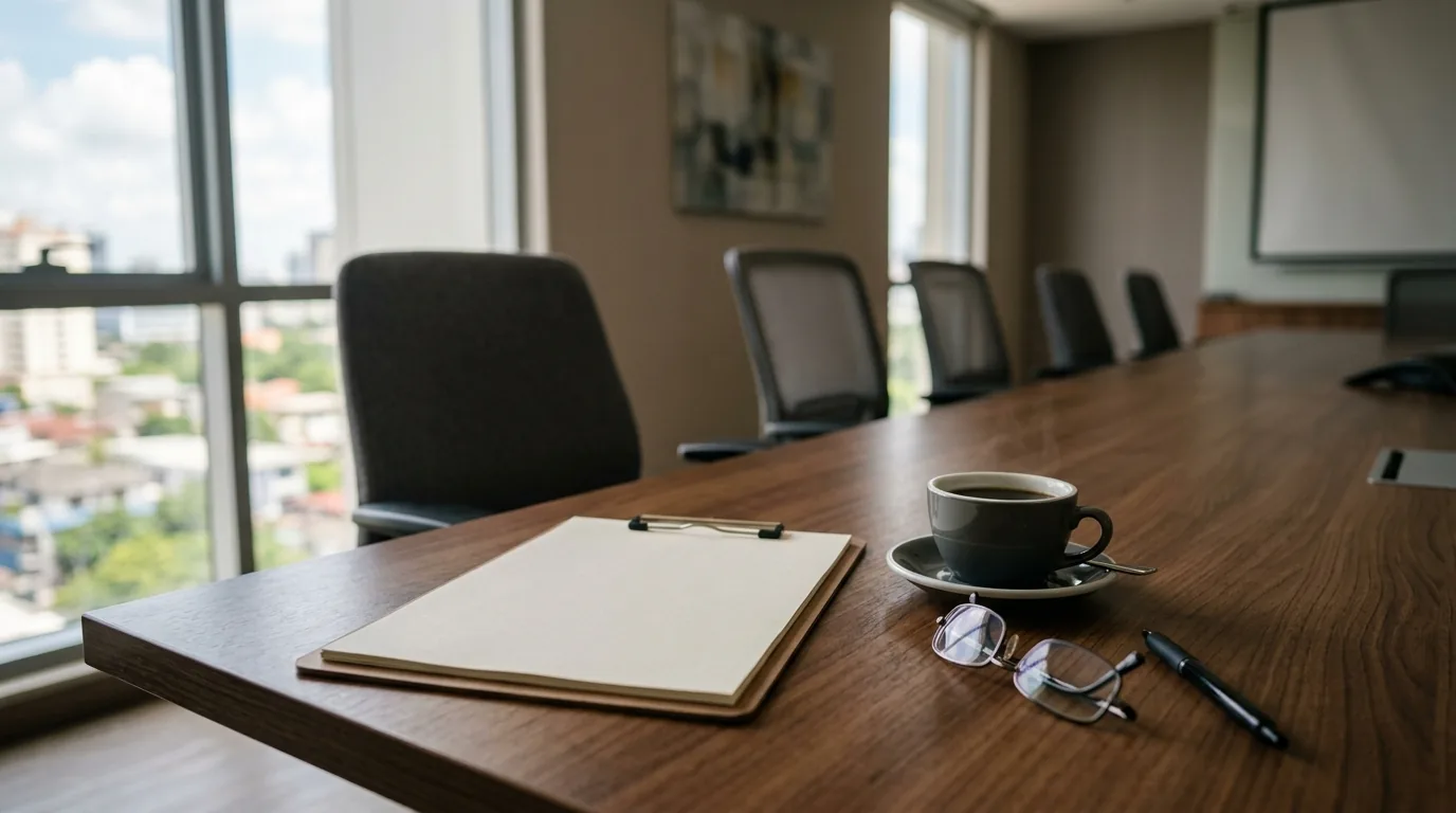 Mesa de reunião de condomínio com prancheta, caneta, óculos e xícara de café, vista urbana pela janela