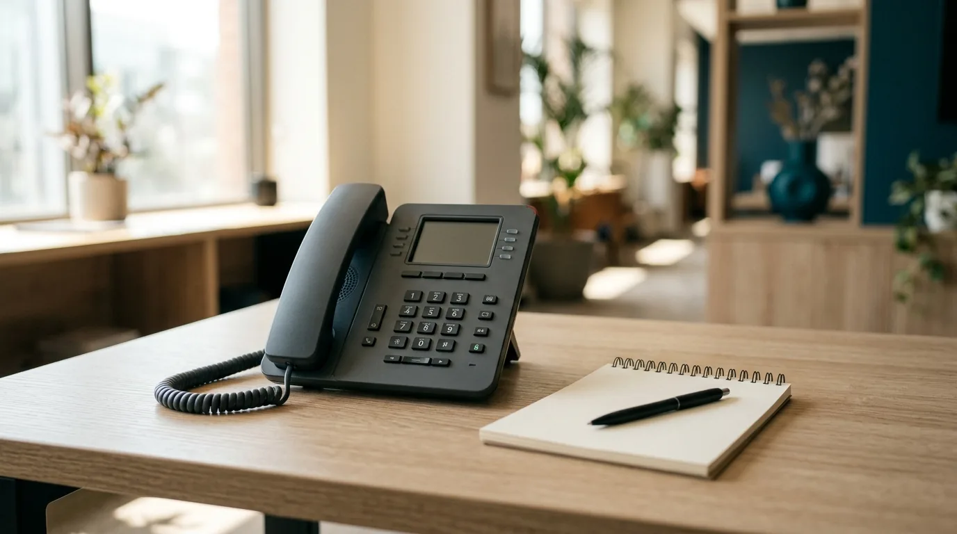 Telefone de escritório e bloco de notas sobre mesa, ambiente de atendimento profissional